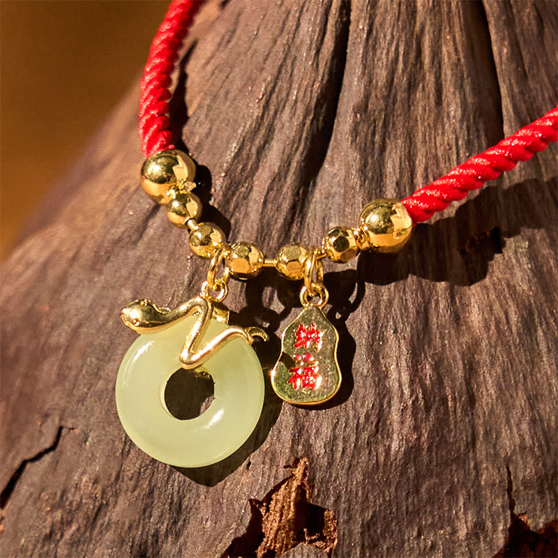 KarmaRipple's Bronze Plated Gold Jade Peace Buckle Fu Character Year Of The Snake Red String Fortune Bracelet p12