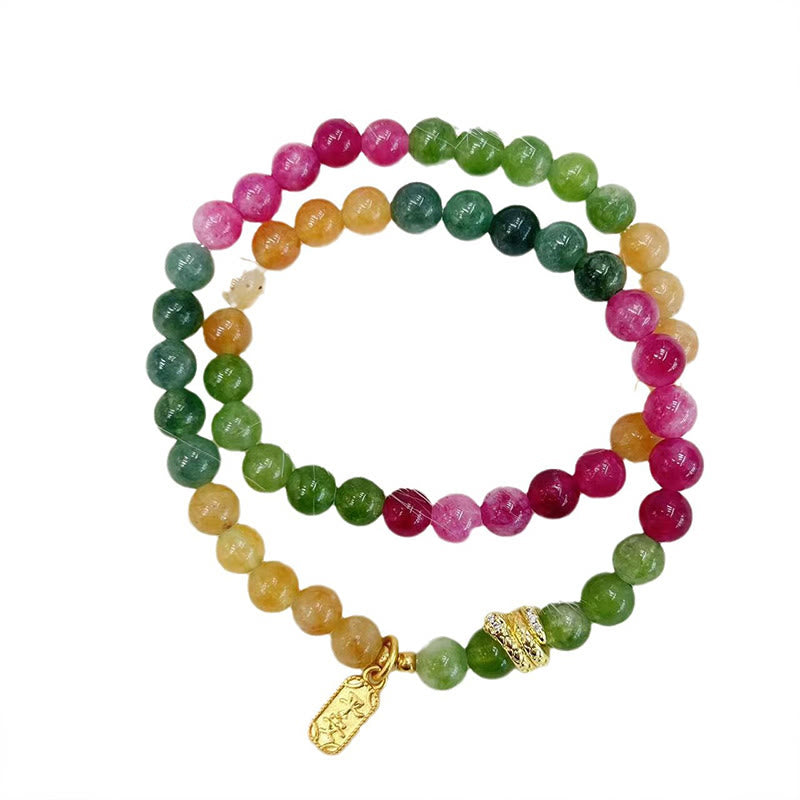 KarmaRipple's Tourmaline Gold Plated Bronze Peace And Joy Safe Plate Year of the Snake Double Wrap Bracelet p6