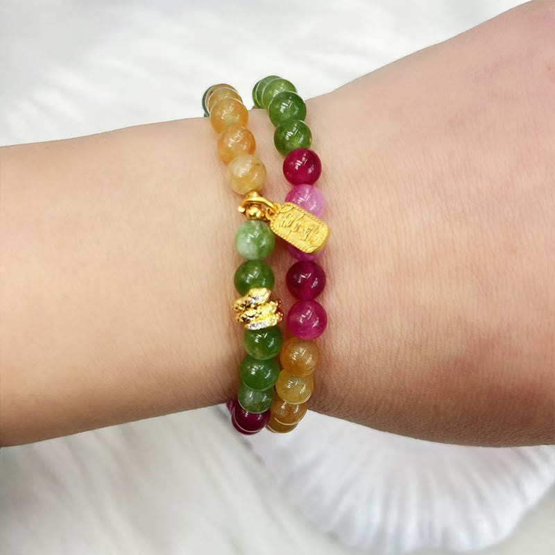 KarmaRipple's Tourmaline Gold Plated Bronze Peace And Joy Safe Plate Year of the Snake Double Wrap Bracelet p3