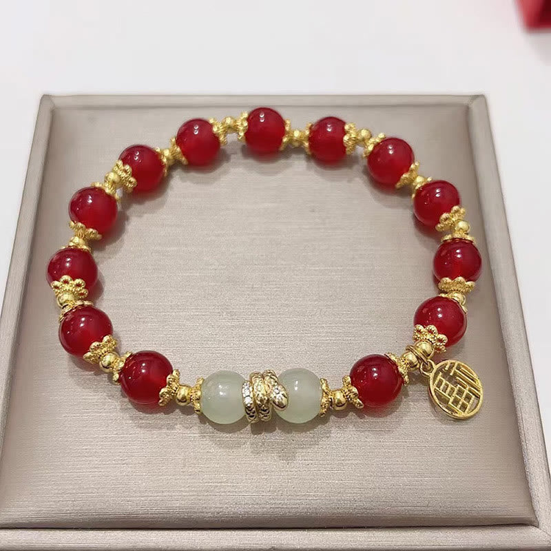 KarmaRipple's Red Agate Jade Fu Character Year of the Snake Calm Bracelet p1