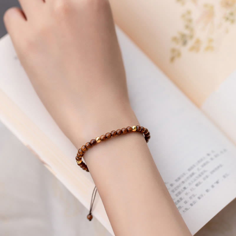 KarmaRipple's 4mm Ultra-thin Sandalwood 14K Gold Plated Bronze Beadwork Protection Bracelet p10