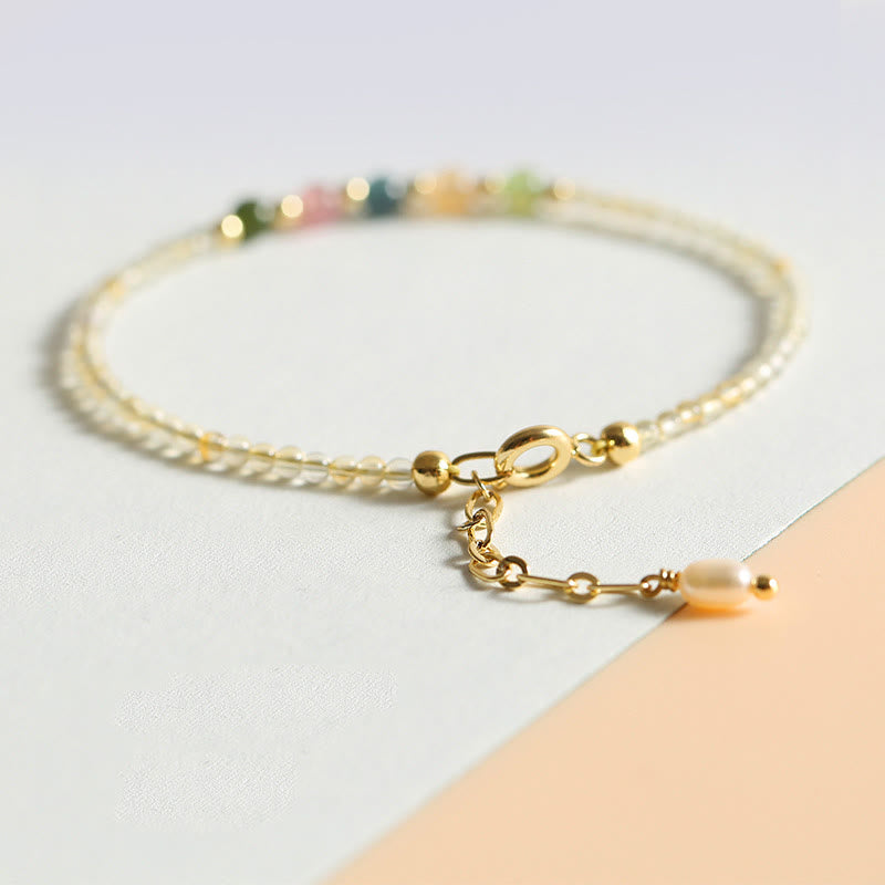 KarmaRipple's 2.5mm Ultra-thin Citrine Tourmaline 14K Gold Filled Bronze Beadwork Prosperity Bracelet p2