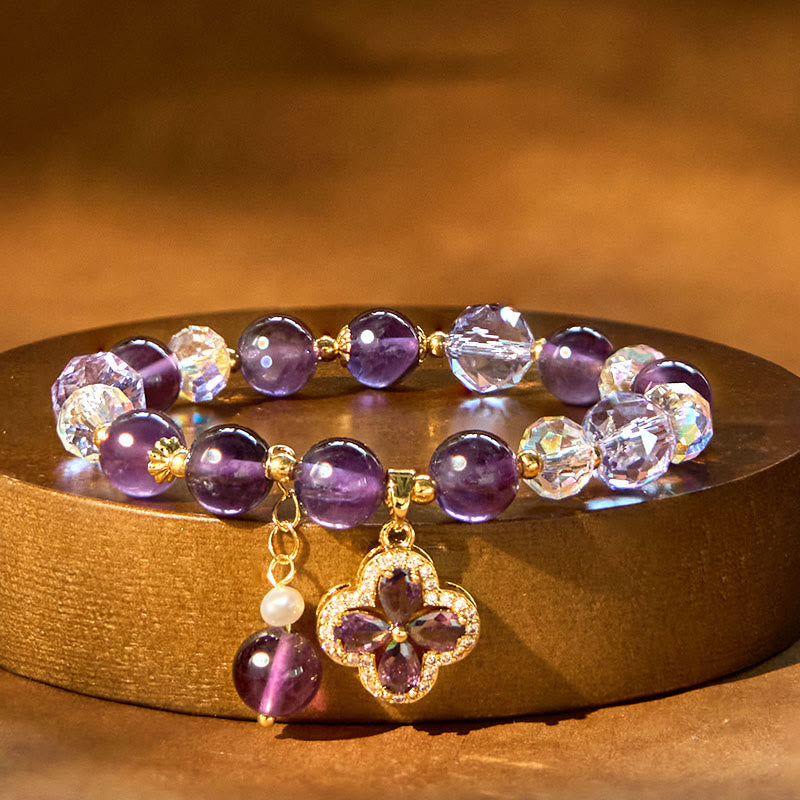 KarmaRipple's Authentic Amethyst Gemstone Four Leaf Clover Spiritual Balancing Bracelet p6