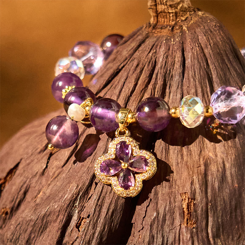 KarmaRipple's Authentic Amethyst Gemstone Four Leaf Clover Spiritual Balancing Bracelet p8