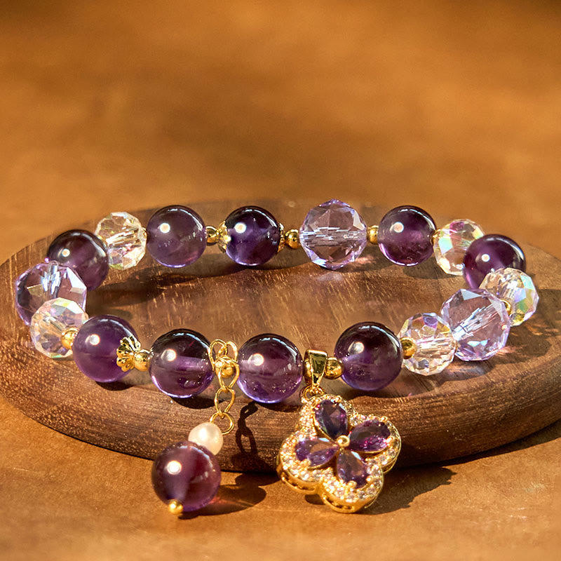 KarmaRipple's Authentic Amethyst Gemstone Four Leaf Clover Spiritual Balancing Bracelet p7