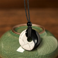 KarmaRipple's Authentic Black Obsidian Ivory Turquoise Yin Yang Peace Buckle Design Woven String Strength Pendant Necklace