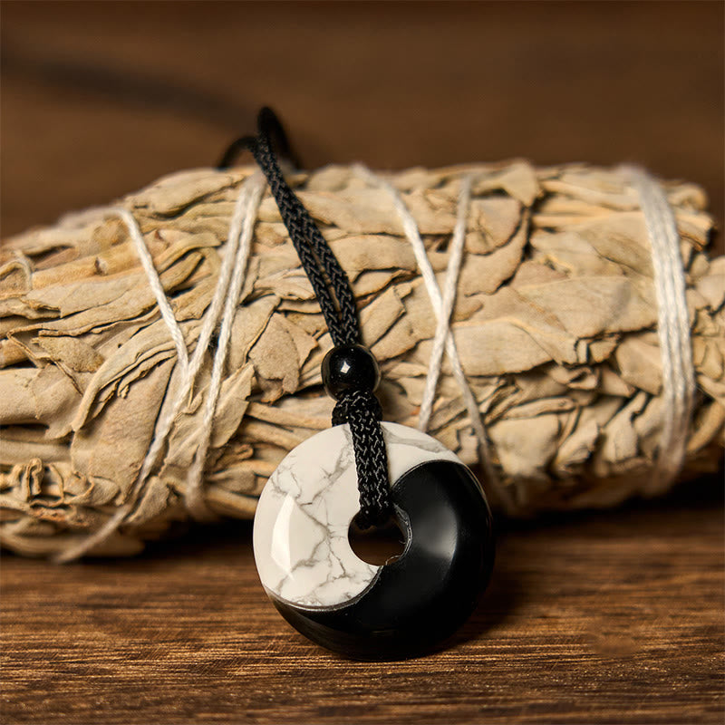 KarmaRipple's Authentic Black Obsidian Ivory Turquoise Yin Yang Peace Buckle Design Woven String Strength Pendant Necklace p4