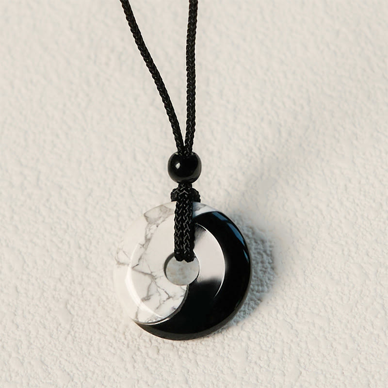 KarmaRipple's Authentic Black Obsidian Ivory Turquoise Yin Yang Peace Buckle Design Woven String Strength Pendant Necklace p11