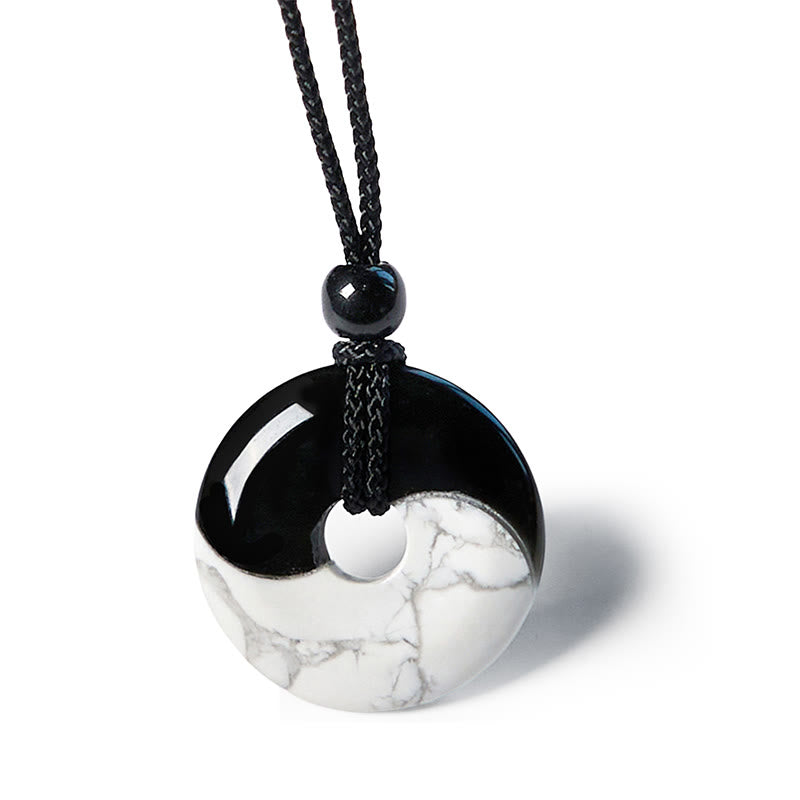 KarmaRipple's Authentic Black Obsidian Ivory Turquoise Yin Yang Peace Buckle Design Woven String Strength Pendant Necklace p12