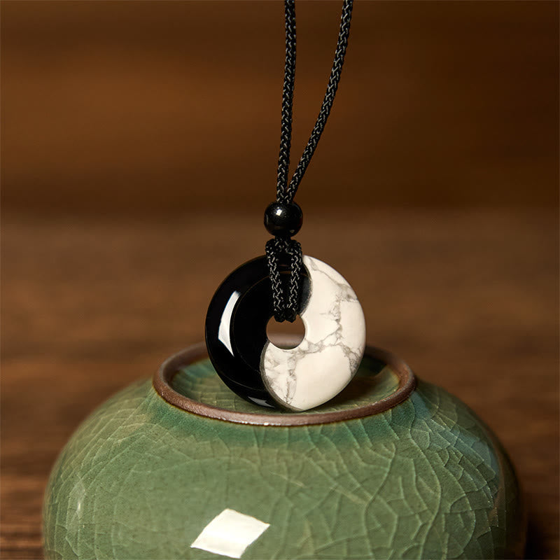 KarmaRipple's Authentic Black Obsidian Ivory Turquoise Yin Yang Peace Buckle Design Woven String Strength Pendant Necklace p2