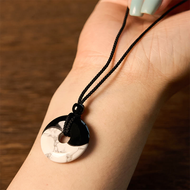 KarmaRipple's Authentic Black Obsidian Ivory Turquoise Yin Yang Peace Buckle Design Woven String Strength Pendant Necklace p3