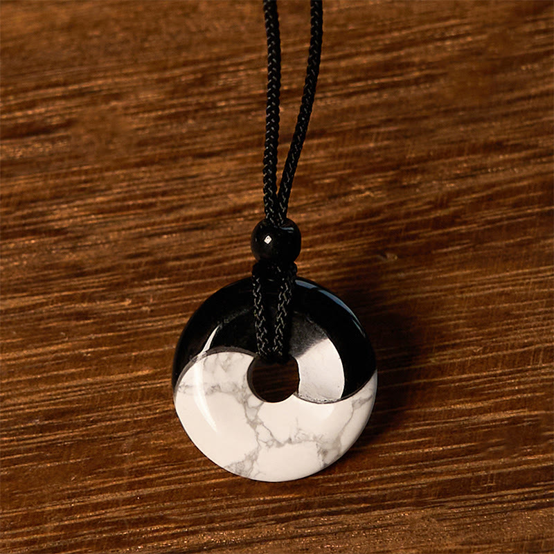KarmaRipple's Authentic Black Obsidian Ivory Turquoise Yin Yang Peace Buckle Design Woven String Strength Pendant Necklace p5