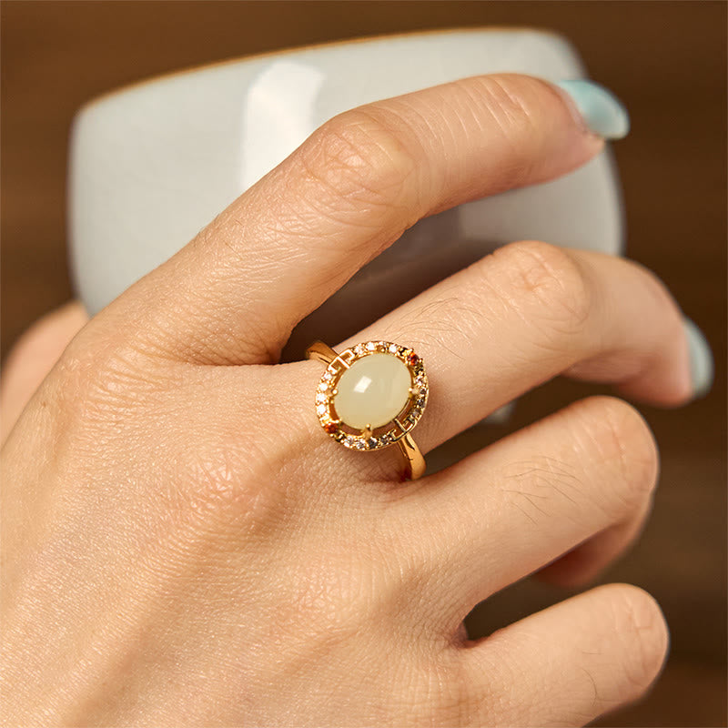 KarmaRipple's Authentic Hetian Jade Zirconia Egg Bronze Open Fortune Ring p4