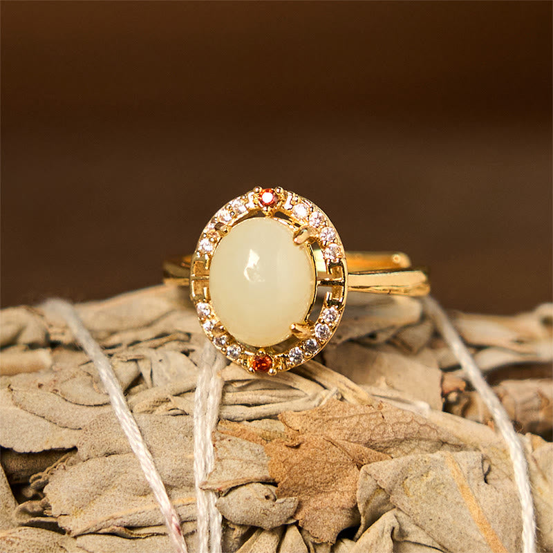 KarmaRipple's Authentic Hetian Jade Zirconia Egg Bronze Open Fortune Ring p2