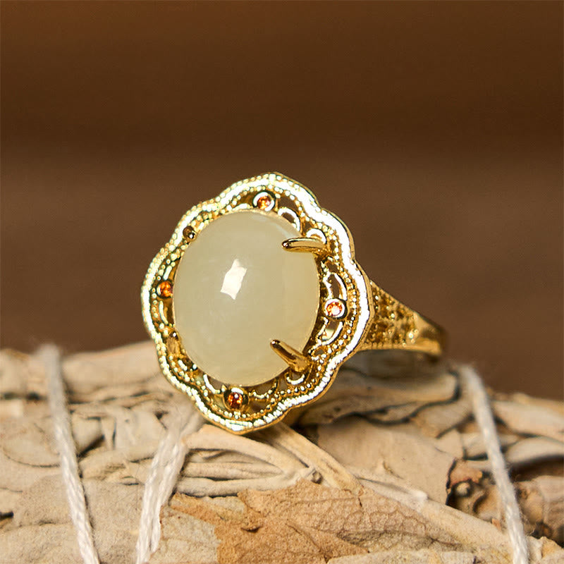 KarmaRipple's Authentic Hetian Jade Vintage Egg Bronze Open Fortune Ring p1