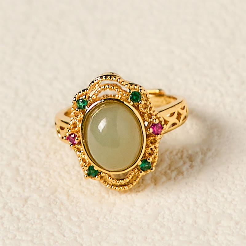 KarmaRipple's Authentic Hetian Jade Egg Hollow Pattern Bronze Open Fortune Ring p4