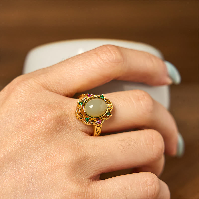 KarmaRipple's Authentic Hetian Jade Egg Hollow Pattern Bronze Open Fortune Ring p5