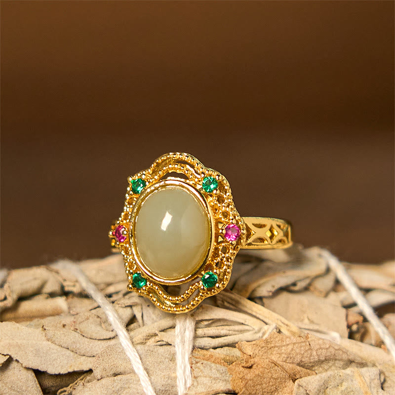 KarmaRipple's Authentic Hetian Jade Egg Hollow Pattern Bronze Open Fortune Ring p1