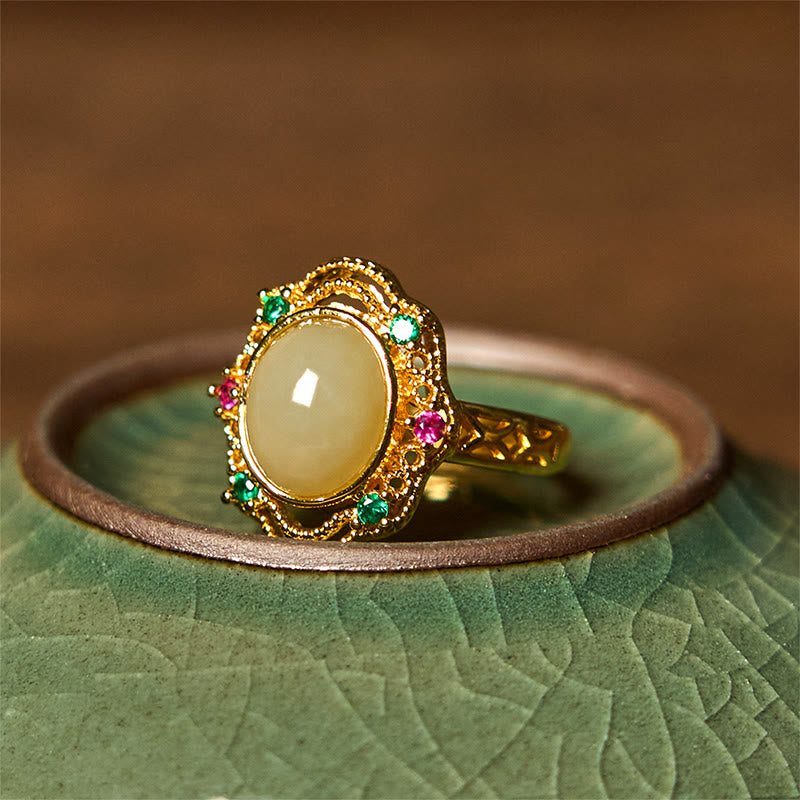 KarmaRipple's Authentic Hetian Jade Egg Hollow Pattern Bronze Open Fortune Ring p3