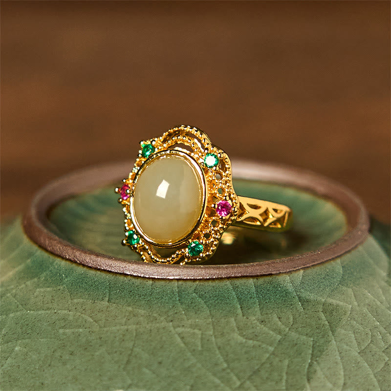 KarmaRipple's Authentic Hetian Jade Egg Hollow Pattern Bronze Open Fortune Ring p2