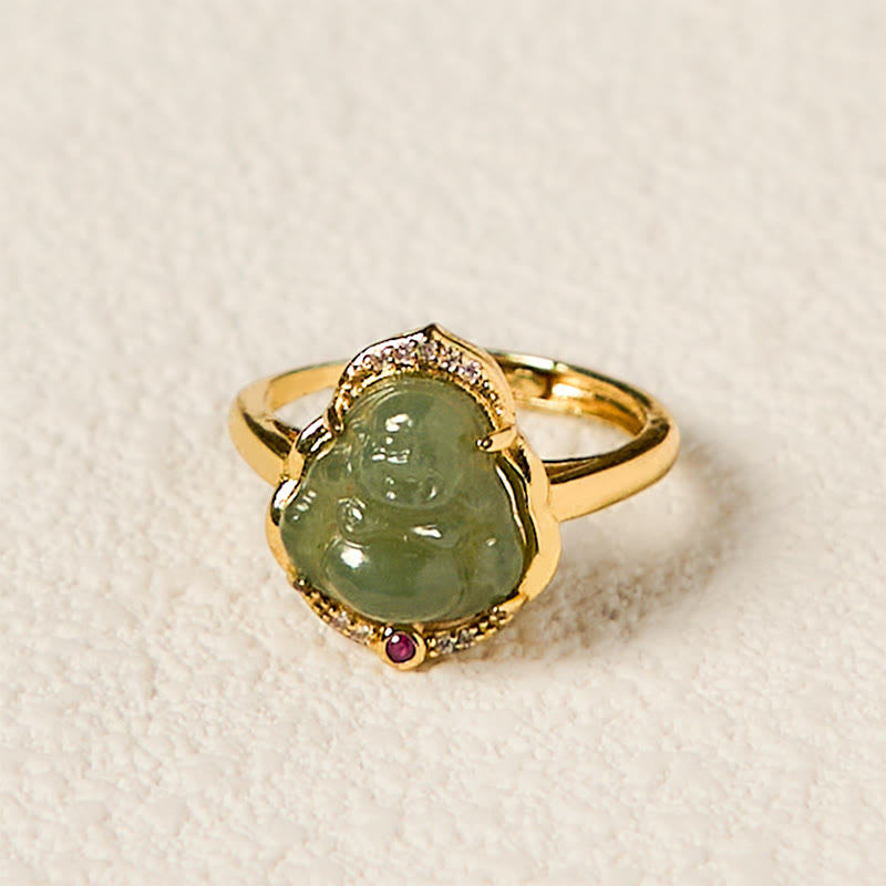 KarmaRipple's Authentic Hetian Jade Egg Gourd Bronze Laughing Buddha Open Fortune Ring p3