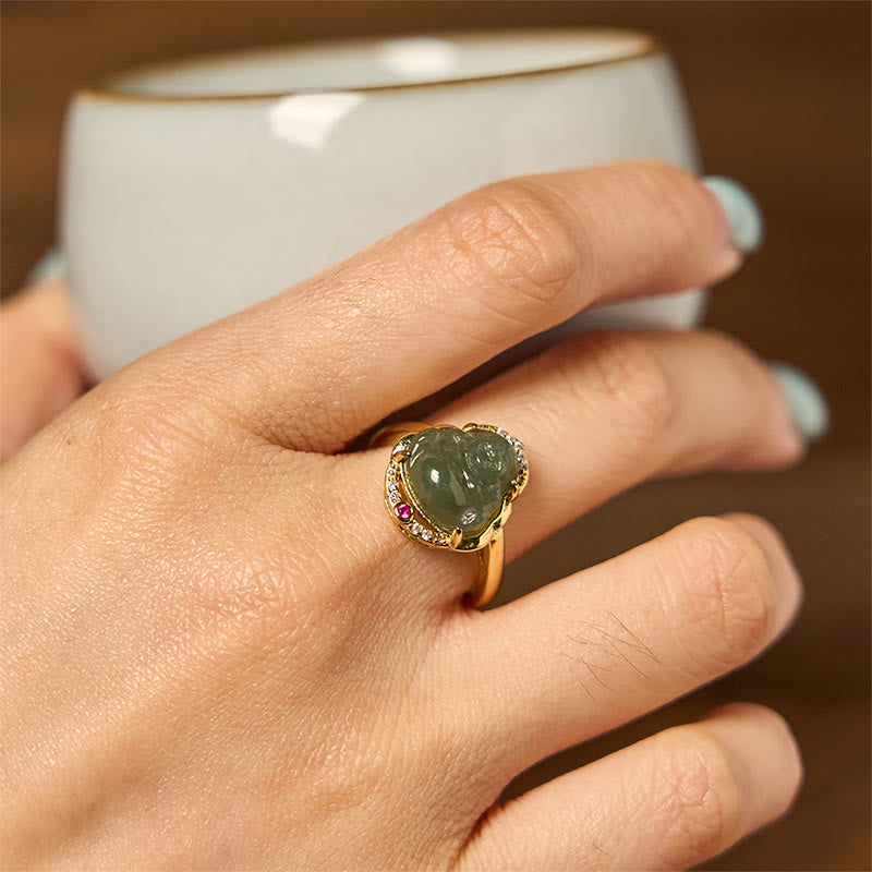 KarmaRipple's Authentic Hetian Jade Egg Gourd Bronze Laughing Buddha Open Fortune Ring p4