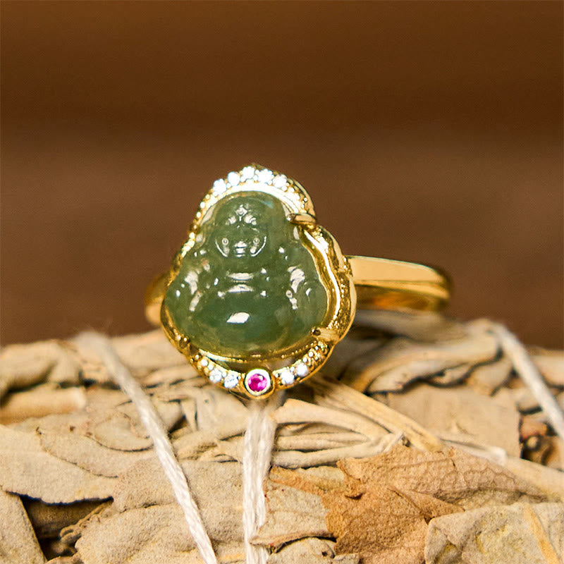 KarmaRipple's Authentic Hetian Jade Egg Gourd Bronze Laughing Buddha Open Fortune Ring p1