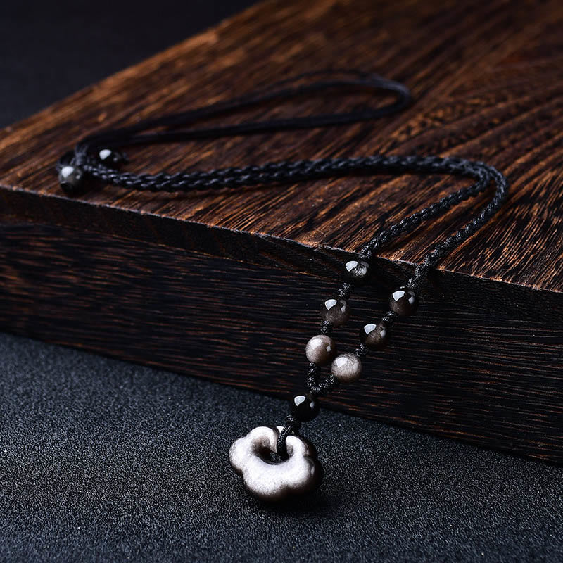 KarmaRipple's Authentic Silver Sheen Obsidian Auspicious Clouds Protection Soothing Pendant Necklace p3