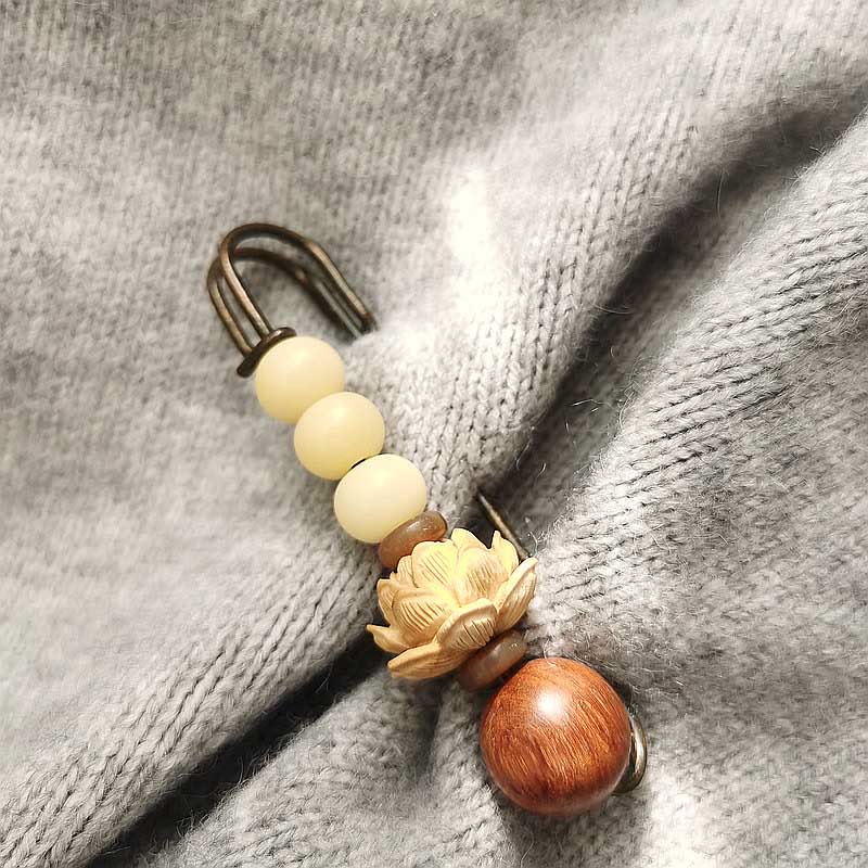 KarmaRipple's Vintage Bodhi Seed Boxwood Lotus Sandalwood Bead Peace Brooch p3