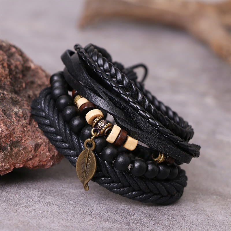KarmaRipple's Leaf Multi-layer Twisted Leather Resin Beadwork Courage Bracelet Set p2
