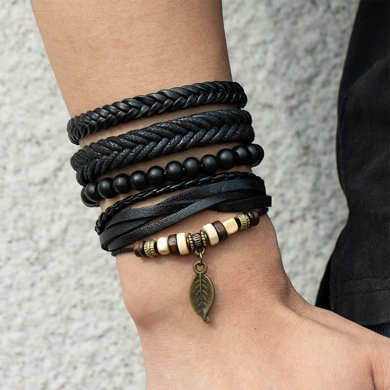 KarmaRipple's Leaf Multi-layer Twisted Leather Resin Beadwork Courage Bracelet Set p5