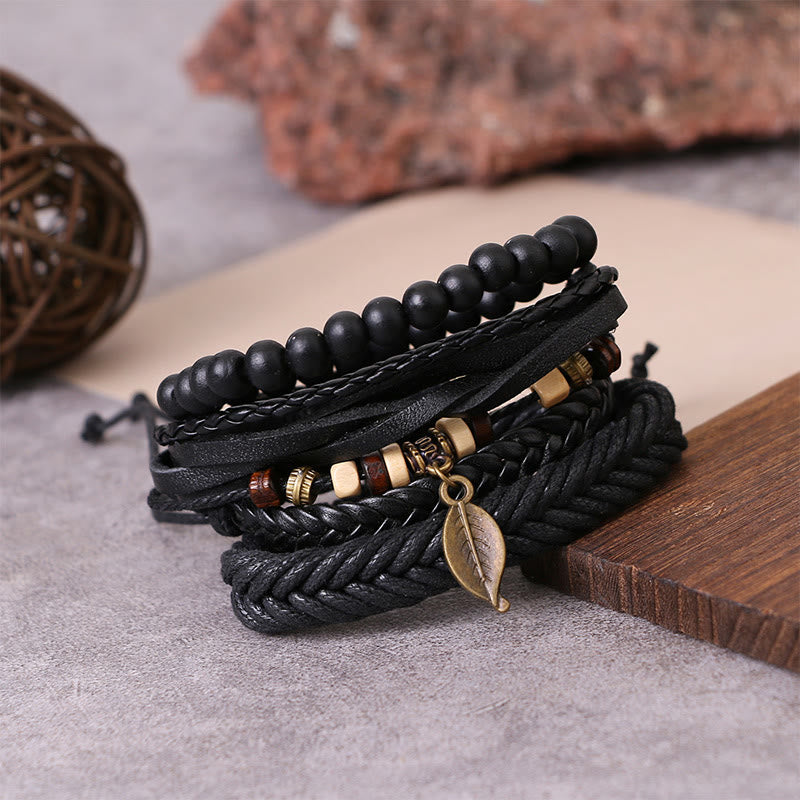 KarmaRipple's Leaf Multi-layer Twisted Leather Resin Beadwork Courage Bracelet Set p3