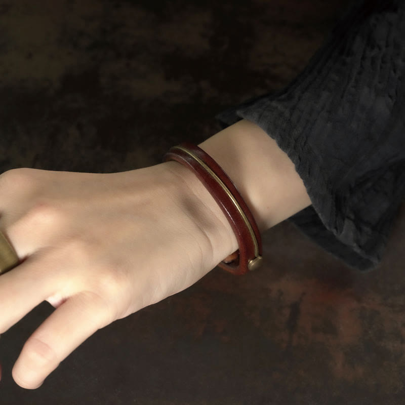 KarmaRipple's Vintage Leather Bronze Brass Wire Balancing Bangle Bracelet p9