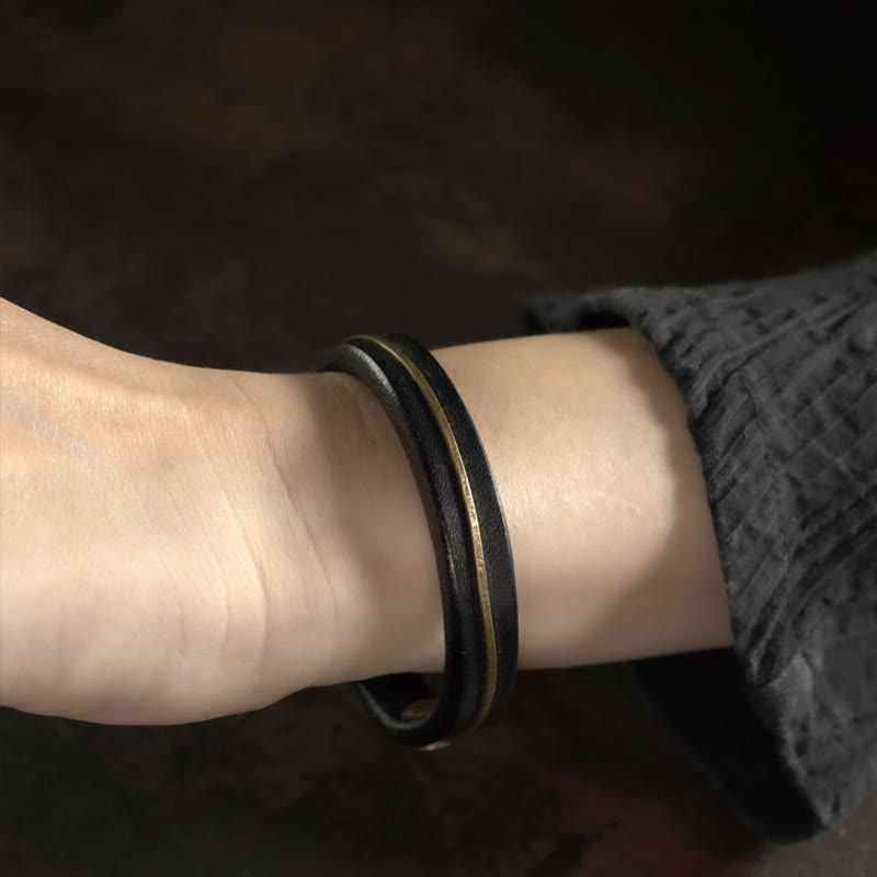 KarmaRipple's Vintage Leather Bronze Brass Wire Balancing Bangle Bracelet p18