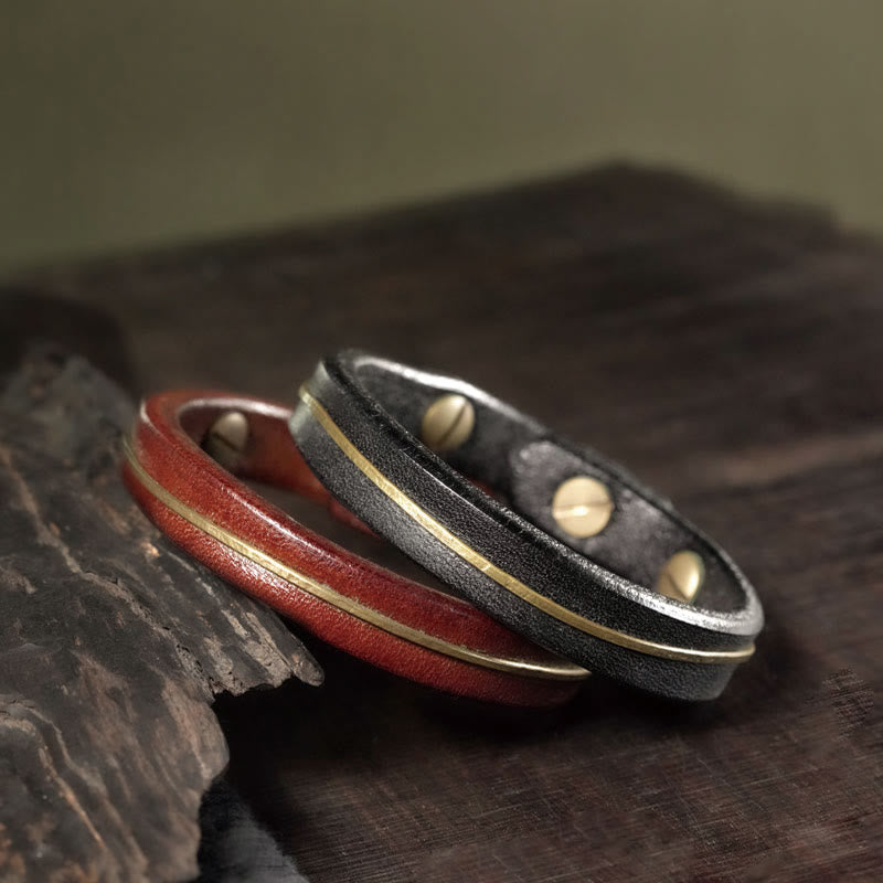 KarmaRipple's Vintage Leather Bronze Brass Wire Balancing Bangle Bracelet p19