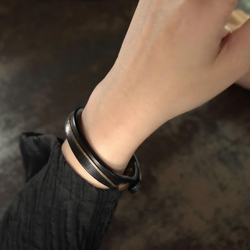 KarmaRipple's Vintage Leather Bronze Brass Wire Balancing Bangle Bracelet p14