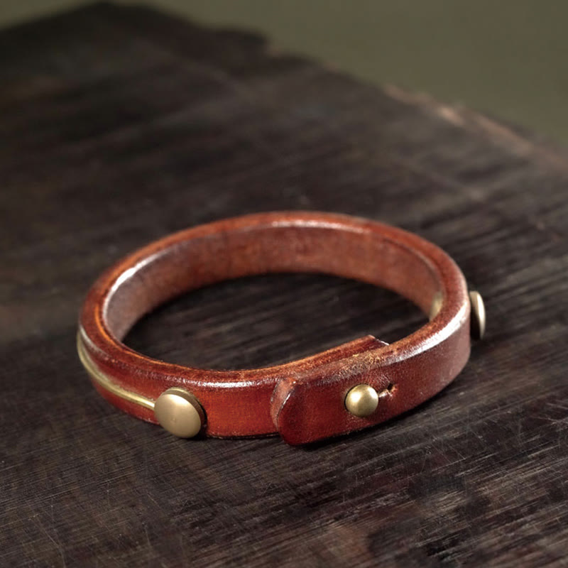 KarmaRipple's Vintage Leather Bronze Brass Wire Balancing Bangle Bracelet p3