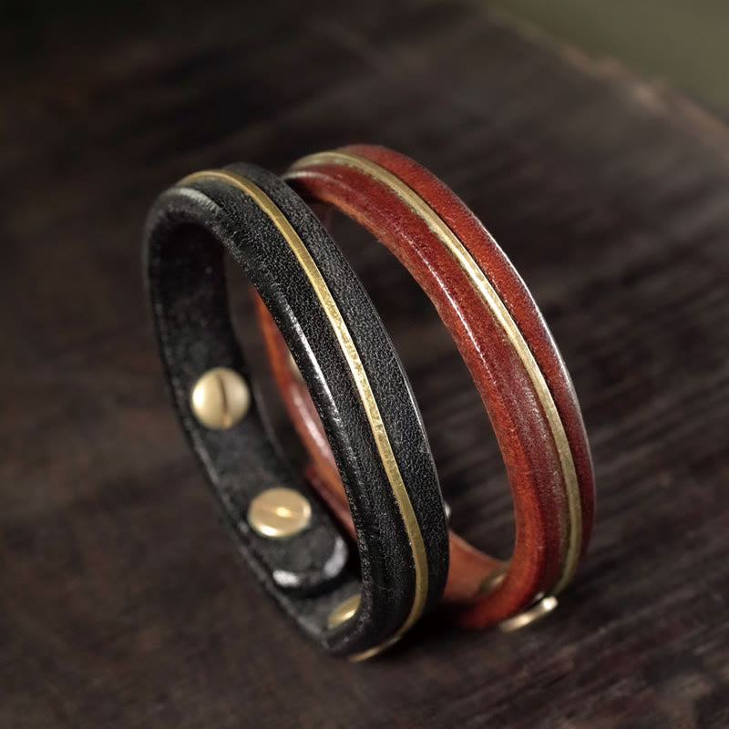KarmaRipple's Vintage Leather Bronze Brass Wire Balancing Bangle Bracelet p20