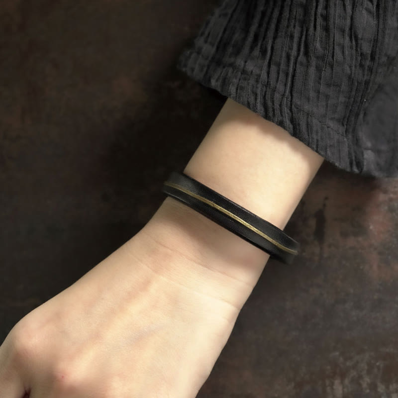 KarmaRipple's Vintage Leather Bronze Brass Wire Balancing Bangle Bracelet p17