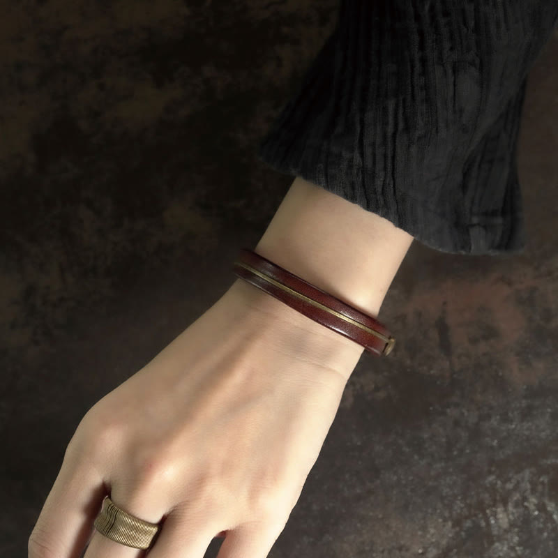 KarmaRipple's Vintage Leather Bronze Brass Wire Balancing Bangle Bracelet p5