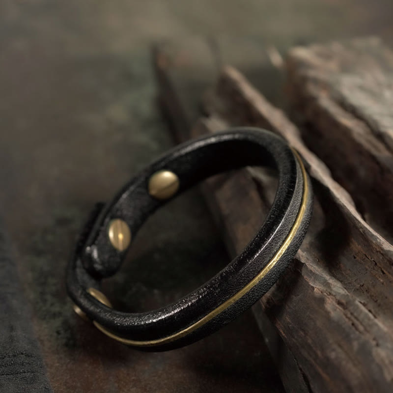 KarmaRipple's Vintage Leather Bronze Brass Wire Balancing Bangle Bracelet p11