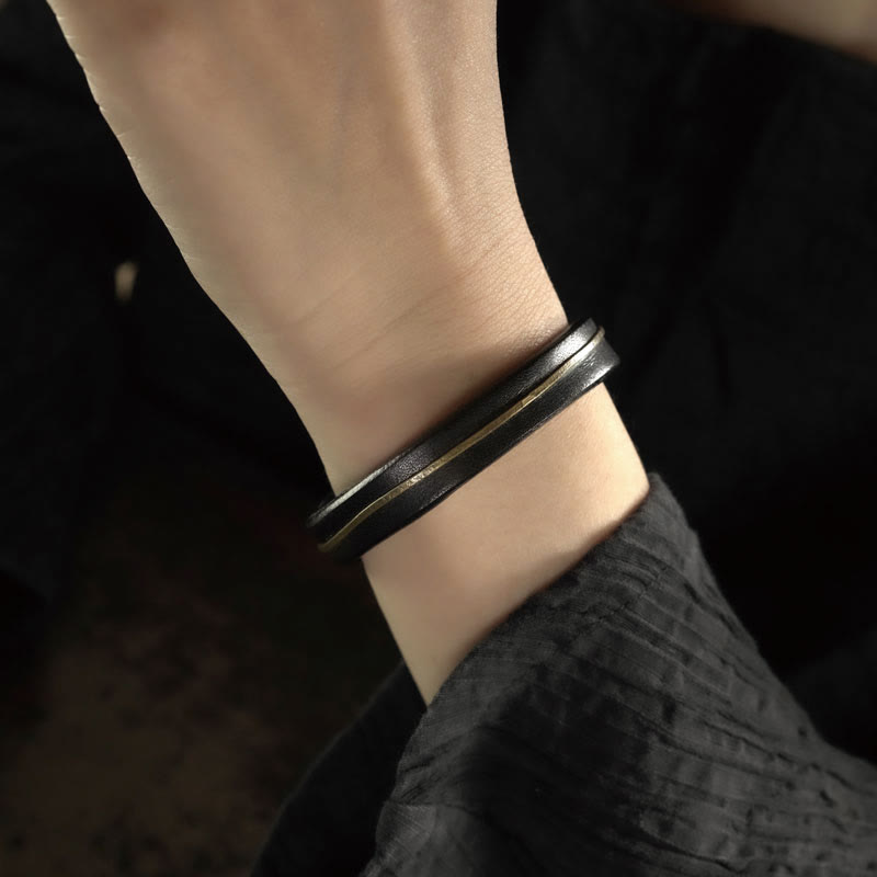 KarmaRipple's Vintage Leather Bronze Brass Wire Balancing Bangle Bracelet p16