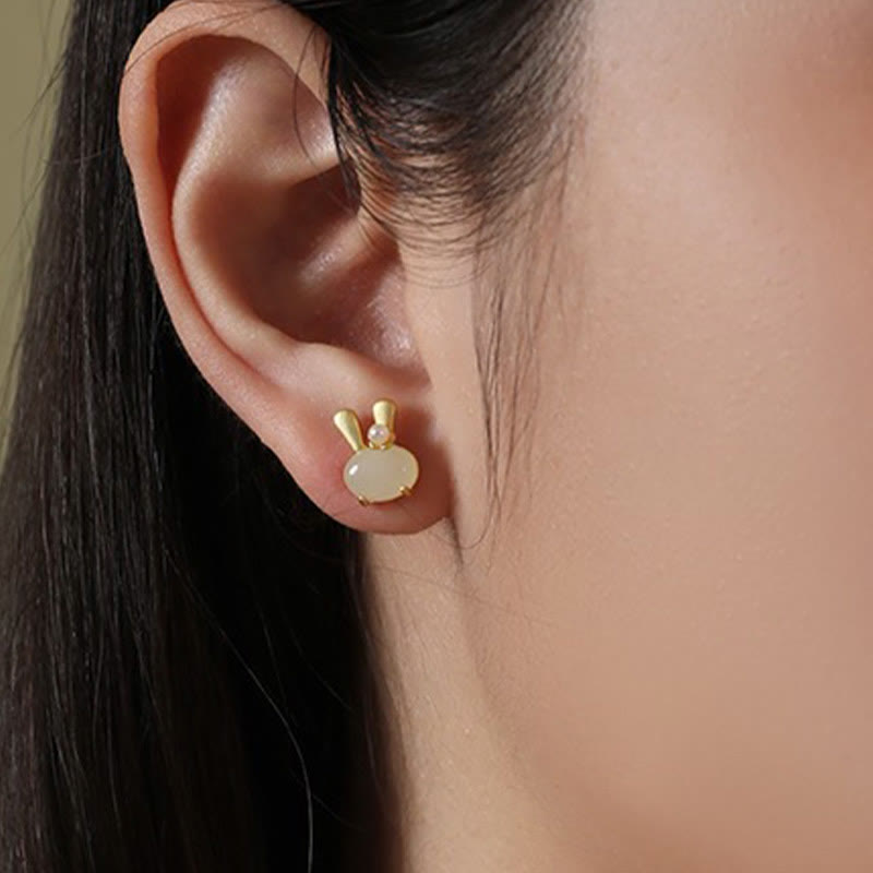 KarmaRipple's 925 Sterling Silver Authentic Hetian Jade Cute Rabbit Pearl Abundance Earrings p4