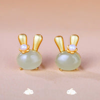 Boucles d'oreilles en argent sterling 925, véritable jade Hetian, en forme de lapin mignon et abondant de perles, de KarmaRipple