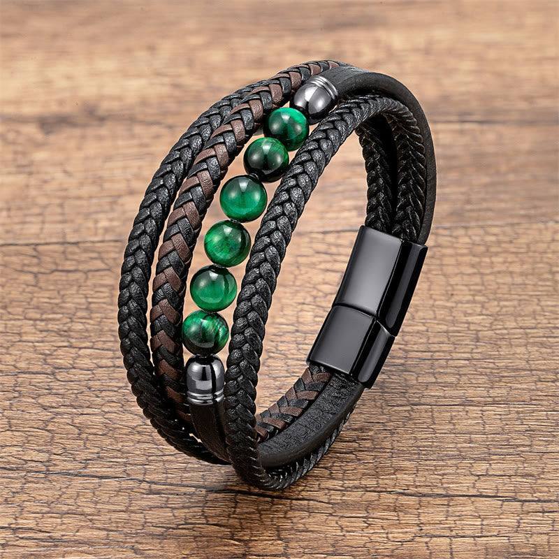 KarmaRipple's Tiger Eye Lava Rock Black Onyx Lazurite Hematite Bead Positive Leather Bracelet p1