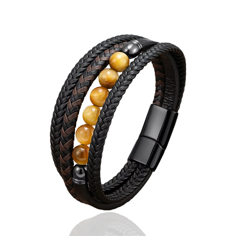 KarmaRipple's Tiger Eye Lava Rock Black Onyx Lazurite Hematite Bead Positive Leather Bracelet p15