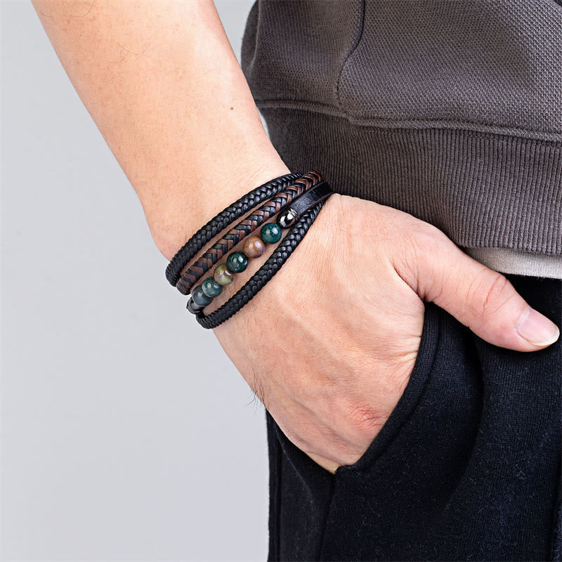 KarmaRipple's Tiger Eye Lava Rock Black Onyx Lazurite Hematite Bead Positive Leather Bracelet p20
