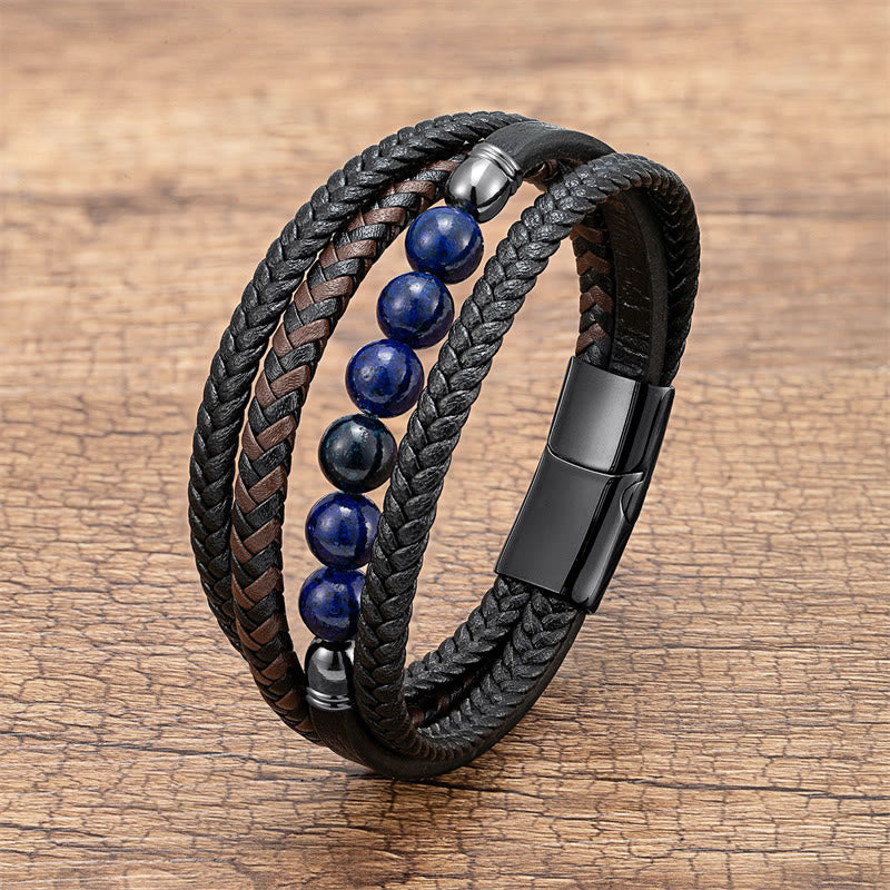 KarmaRipple's Tiger Eye Lava Rock Black Onyx Lazurite Hematite Bead Positive Leather Bracelet p34