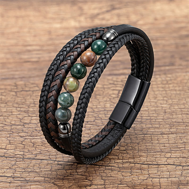 KarmaRipple's Tiger Eye Lava Rock Black Onyx Lazurite Hematite Bead Positive Leather Bracelet p50