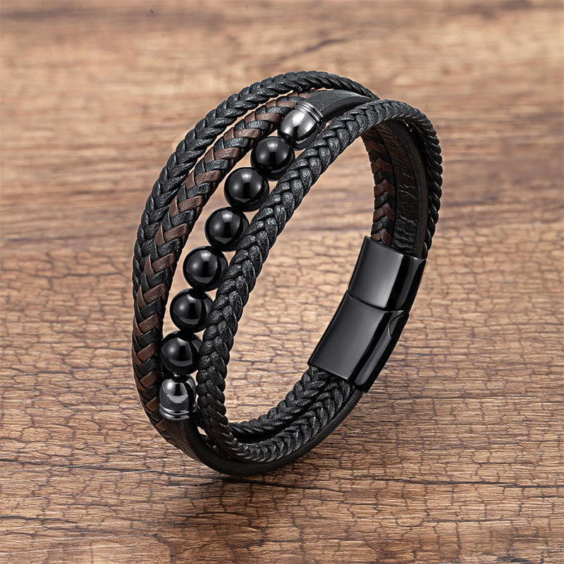 KarmaRipple's Tiger Eye Lava Rock Black Onyx Lazurite Hematite Bead Positive Leather Bracelet p55